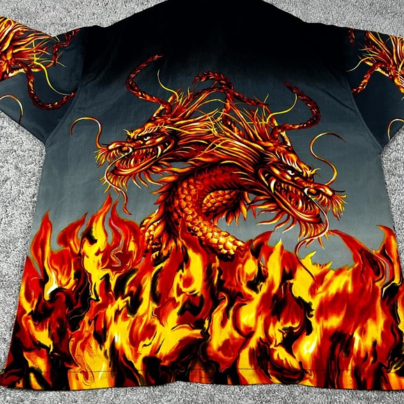 VTG No Boundaries Camp Button-Up Shirt Men's L Black Dragon Flames Grunge Skater - Picture 8 of 8